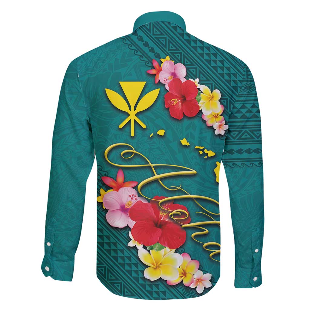 Aloha Kanaka Maoli Hawaii Flowers Family Matching Mermaid Dress and Hawaiian Shirt With Polynesian Pattern Teal Color