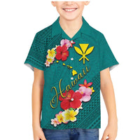 Aloha Kanaka Maoli Hawaii Flowers Family Matching Mermaid Dress and Hawaiian Shirt With Polynesian Pattern Teal Color