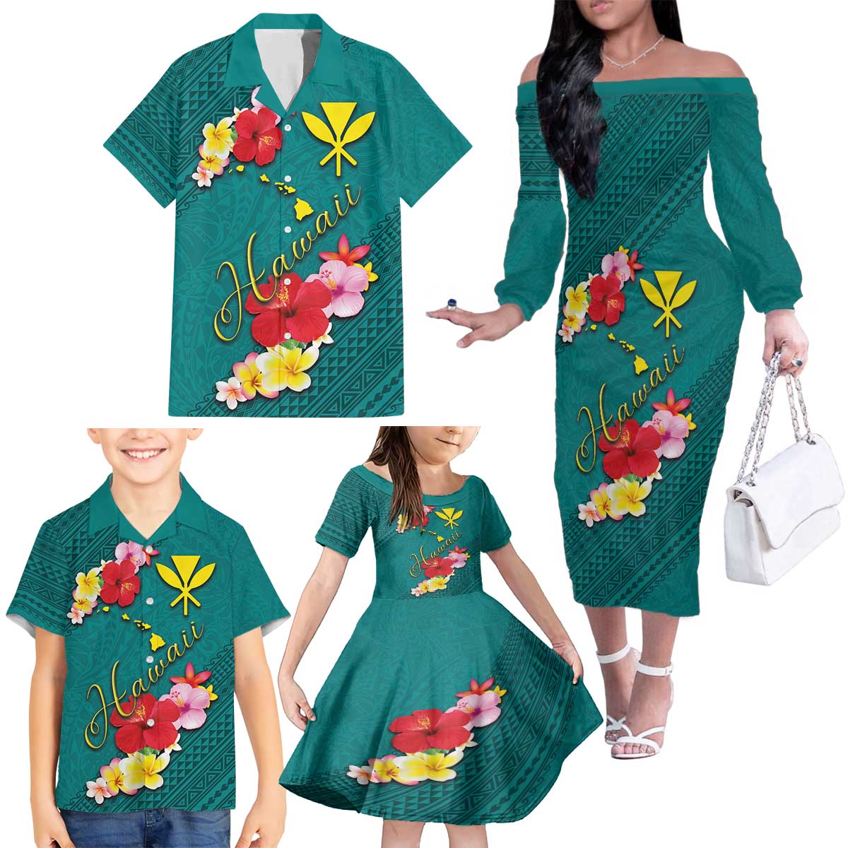 Aloha Kanaka Maoli Hawaii Flowers Family Matching Off The Shoulder Long Sleeve Dress and Hawaiian Shirt With Polynesian Pattern Teal Color