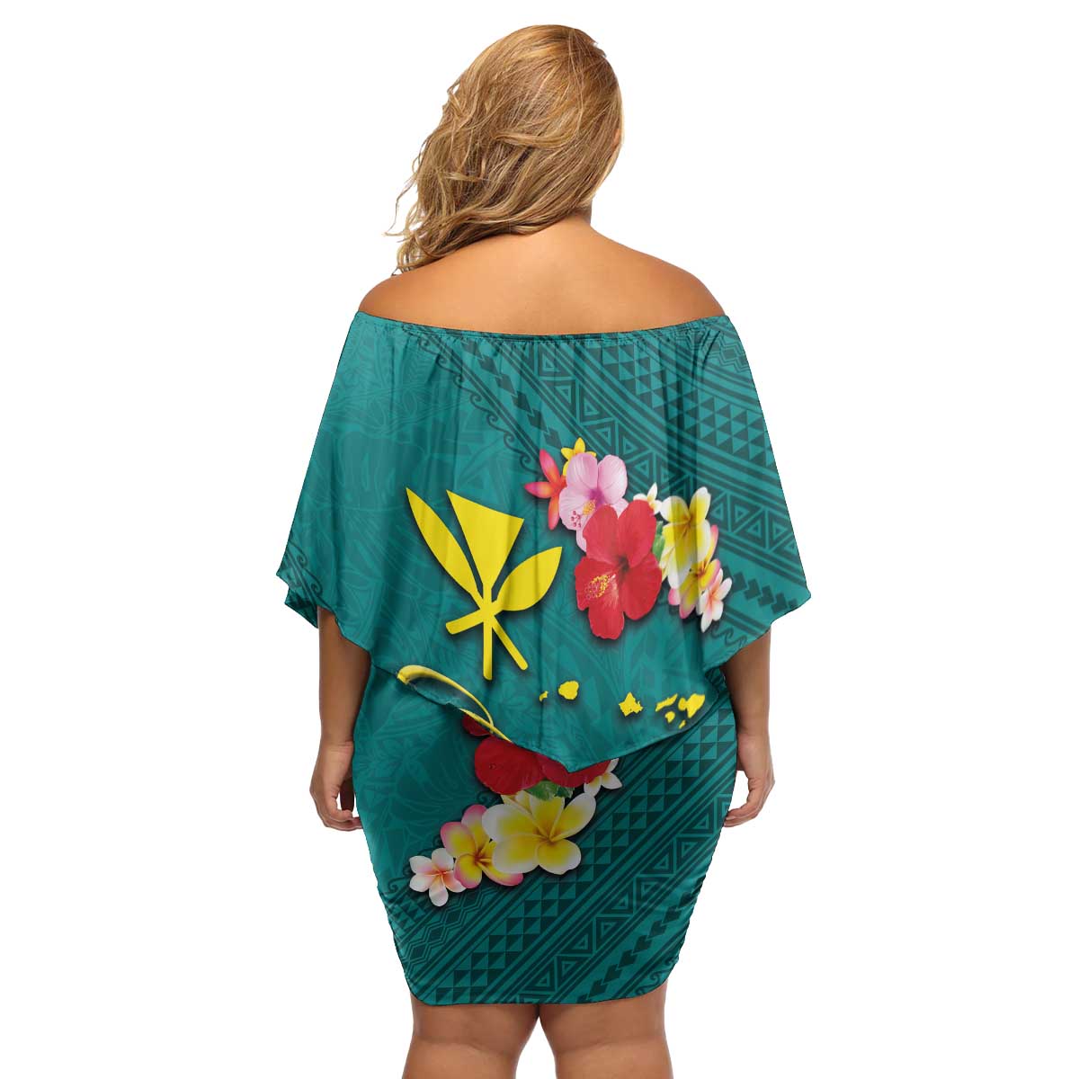 Aloha Kanaka Maoli Hawaii Flowers Family Matching Off Shoulder Short Dress and Hawaiian Shirt With Polynesian Pattern Teal Color