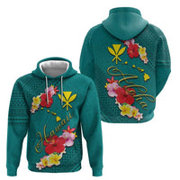 Aloha Kanaka Maoli Hawaii Flowers Hoodie With Polynesian Pattern Teal Color
