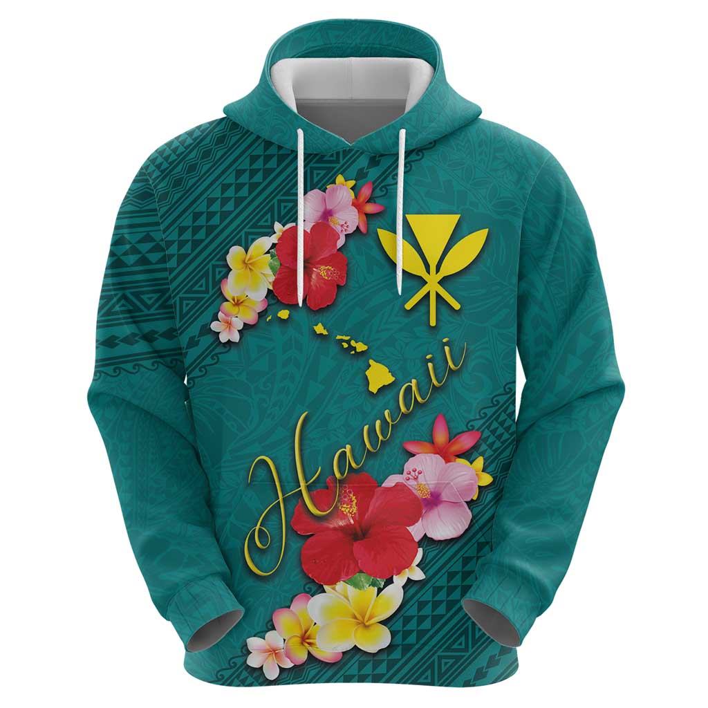 Aloha Kanaka Maoli Hawaii Flowers Hoodie With Polynesian Pattern Teal Color