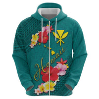 Aloha Kanaka Maoli Hawaii Flowers Hoodie With Polynesian Pattern Teal Color
