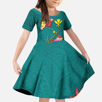 Aloha Kanaka Maoli Hawaii Flowers Kid Short Sleeve Dress With Polynesian Pattern Teal Color