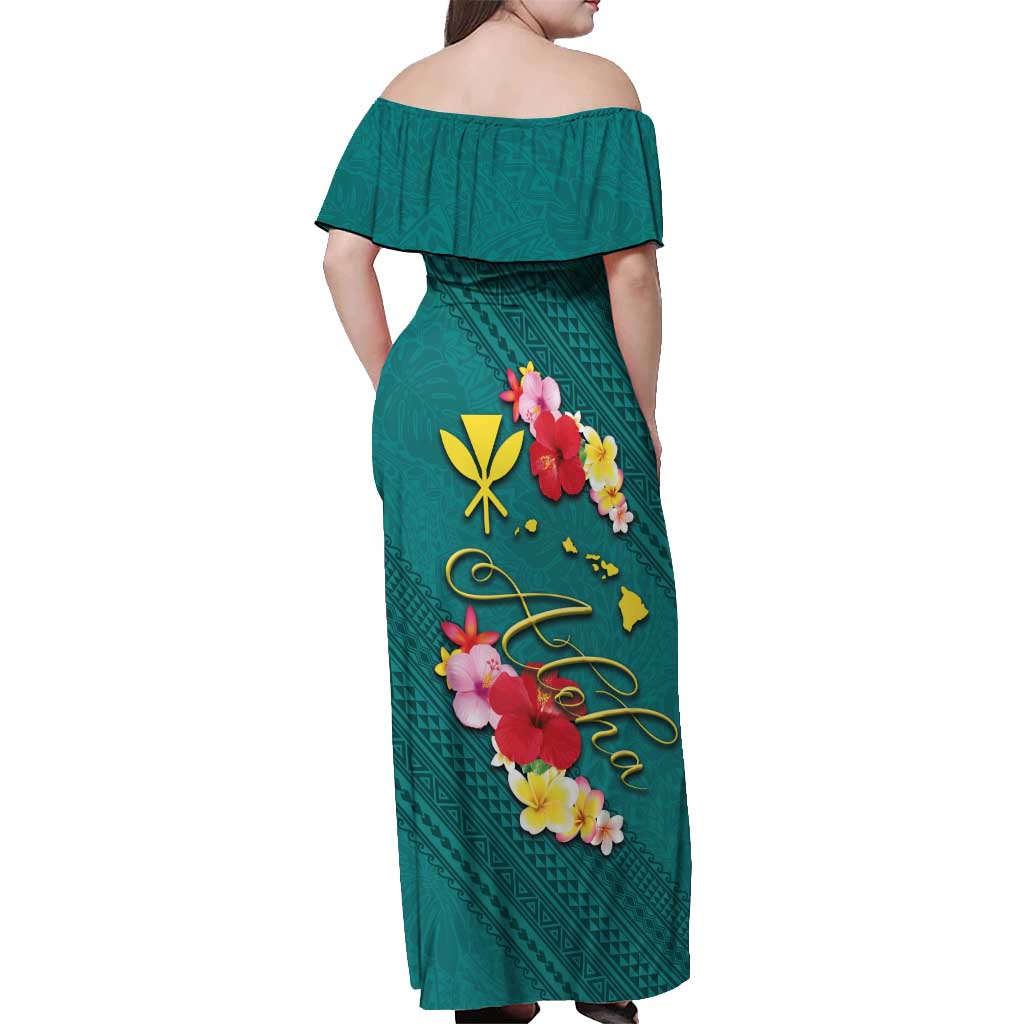 Aloha Kanaka Maoli Hawaii Flowers Off Shoulder Maxi Dress With Polynesian Pattern Teal Color