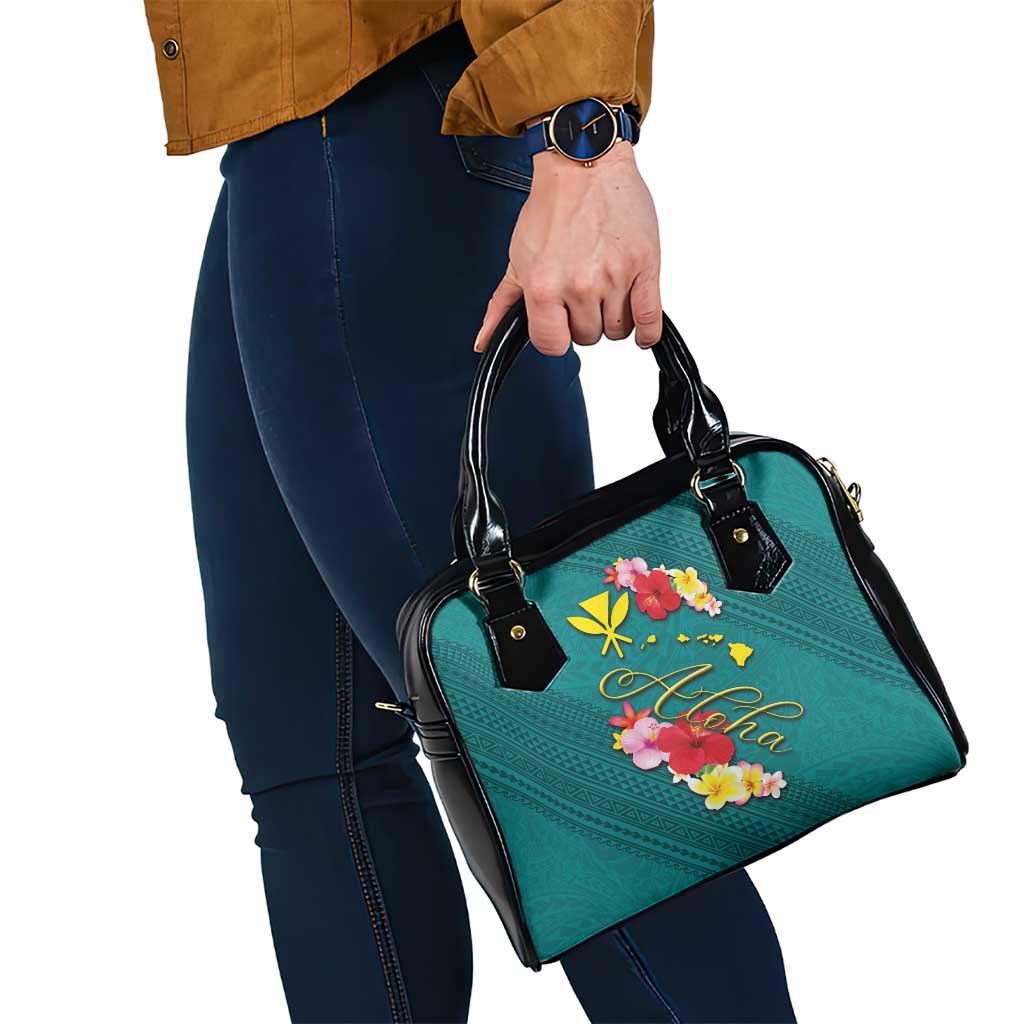Aloha Kanaka Maoli Hawaii Flowers Shoulder Handbag With Polynesian Pattern Teal Color LT03 - Polynesian Pride