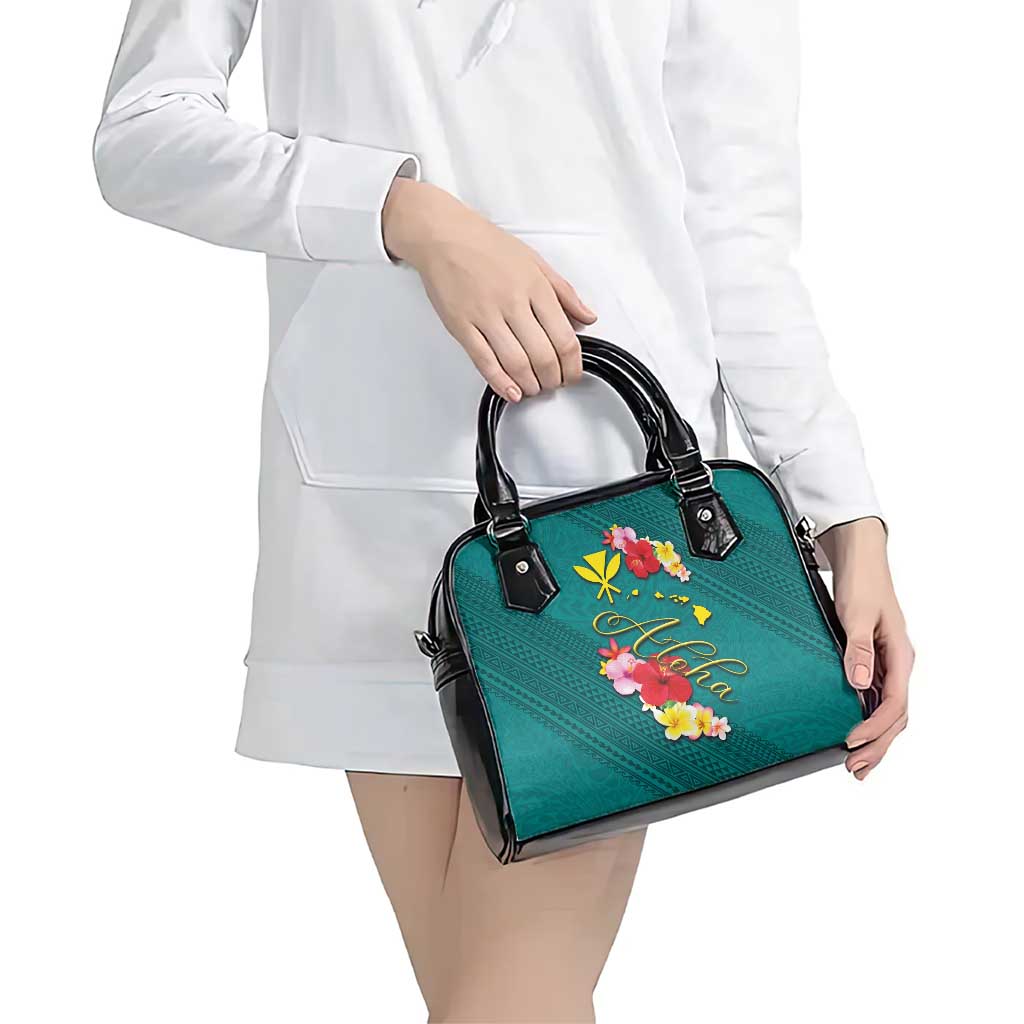 Aloha Kanaka Maoli Hawaii Flowers Shoulder Handbag With Polynesian Pattern Teal Color LT03 - Polynesian Pride