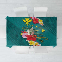 Aloha Kanaka Maoli Hawaii Flowers Tablecloth With Polynesian Pattern Teal Color