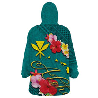 Aloha Kanaka Maoli Hawaii Flowers Wearable Blanket Hoodie With Polynesian Pattern Teal Color LT03 - Polynesian Pride
