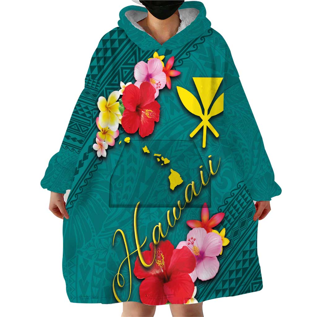 Aloha Kanaka Maoli Hawaii Flowers Wearable Blanket Hoodie With Polynesian Pattern Teal Color LT03 - Polynesian Pride