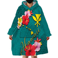 Aloha Kanaka Maoli Hawaii Flowers Wearable Blanket Hoodie With Polynesian Pattern Teal Color LT03 - Polynesian Pride