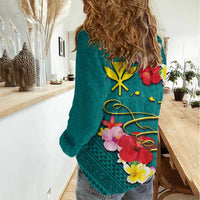 Aloha Kanaka Maoli Hawaii Flowers Women Casual Shirt With Polynesian Pattern Teal Color