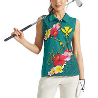 Aloha Kanaka Maoli Hawaii Flowers Women Sleeveless Polo Shirt With Polynesian Pattern Teal Color LT03 - Polynesian Pride