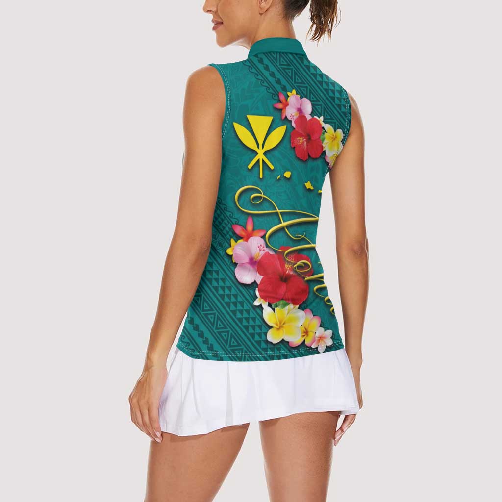Aloha Kanaka Maoli Hawaii Flowers Women Sleeveless Polo Shirt With Polynesian Pattern Teal Color LT03 - Polynesian Pride