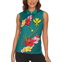 Aloha Kanaka Maoli Hawaii Flowers Women Sleeveless Polo Shirt With Polynesian Pattern Teal Color LT03 - Polynesian Pride