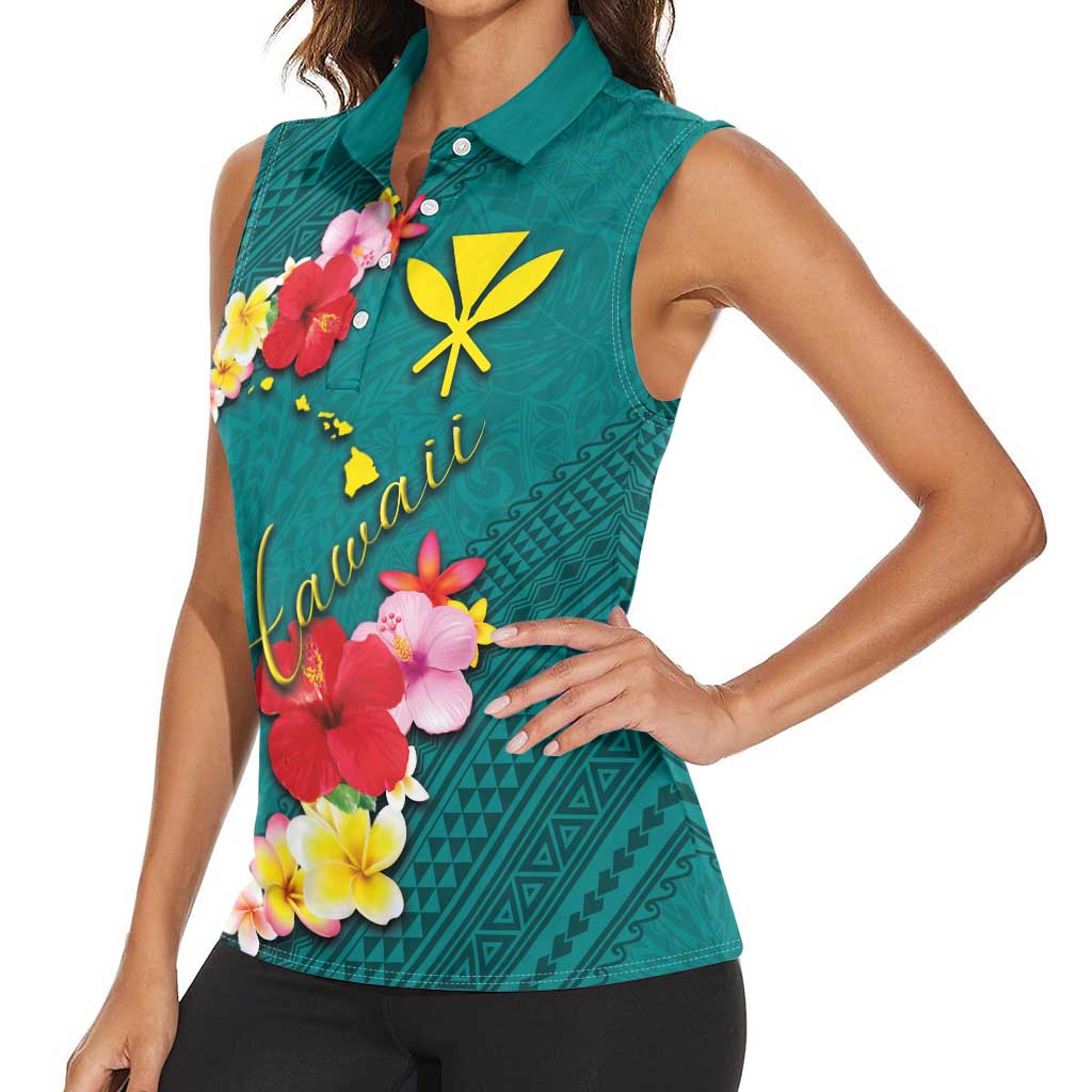Aloha Kanaka Maoli Hawaii Flowers Women Sleeveless Polo Shirt With Polynesian Pattern Teal Color LT03 - Polynesian Pride