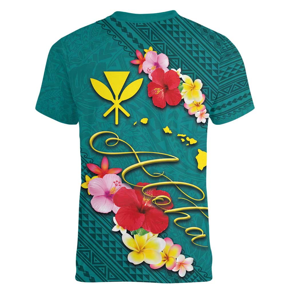 Aloha Kanaka Maoli Hawaii Flowers Women V-Neck T-Shirt With Polynesian Pattern Teal Color LT03 - Polynesian Pride