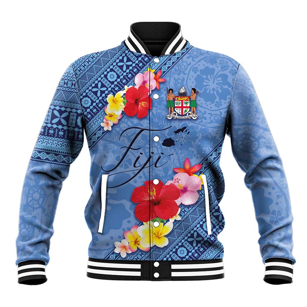 Bula Fiji Hibiscus and Plumeria Flowers Baseball Jacket Tapa Tattoo Polynesian Pattern