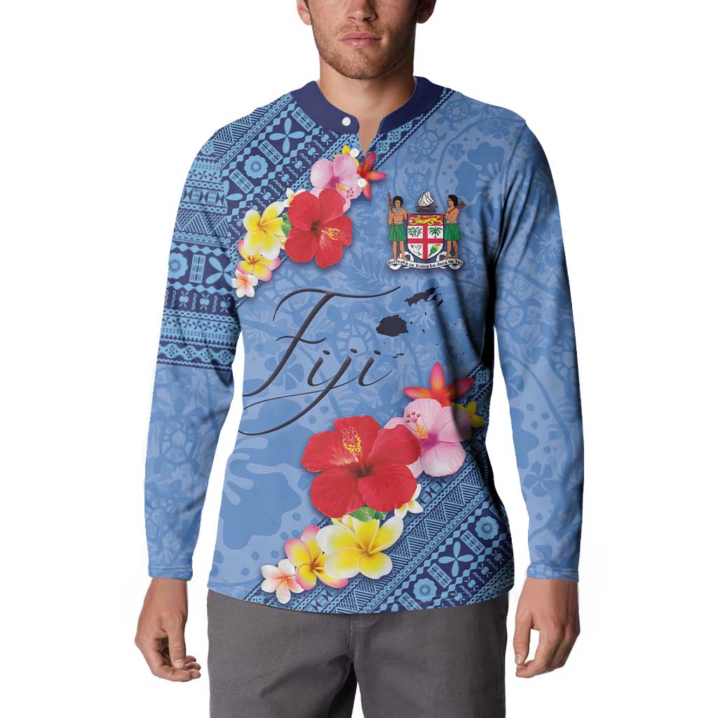 Bula Fiji Hibiscus and Plumeria Flowers Button Sweatshirt Tapa Tattoo Polynesian Pattern