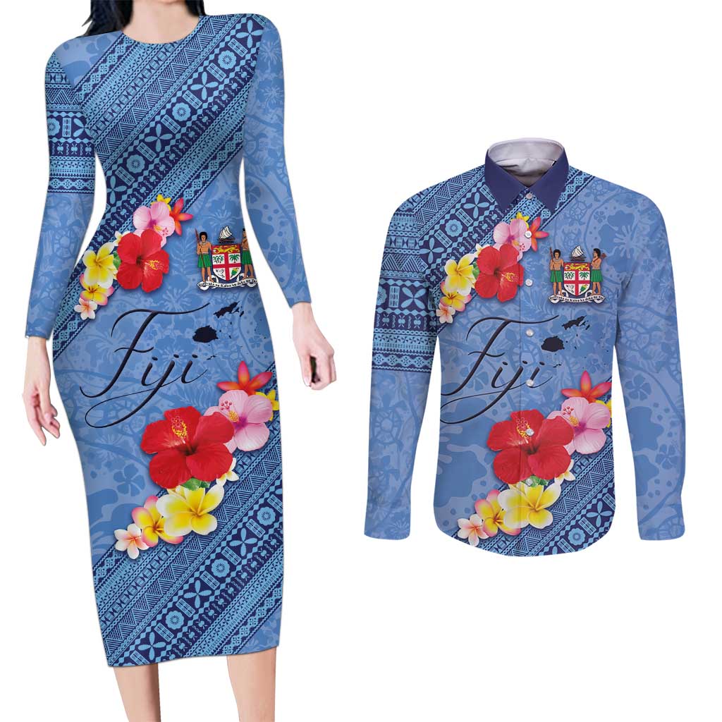 Bula Fiji Hibiscus and Plumeria Flowers Couples Matching Long Sleeve Bodycon Dress and Long Sleeve Button Shirt Tapa Tattoo Polynesian Pattern