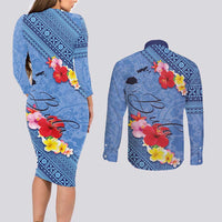 Bula Fiji Hibiscus and Plumeria Flowers Couples Matching Long Sleeve Bodycon Dress and Long Sleeve Button Shirt Tapa Tattoo Polynesian Pattern
