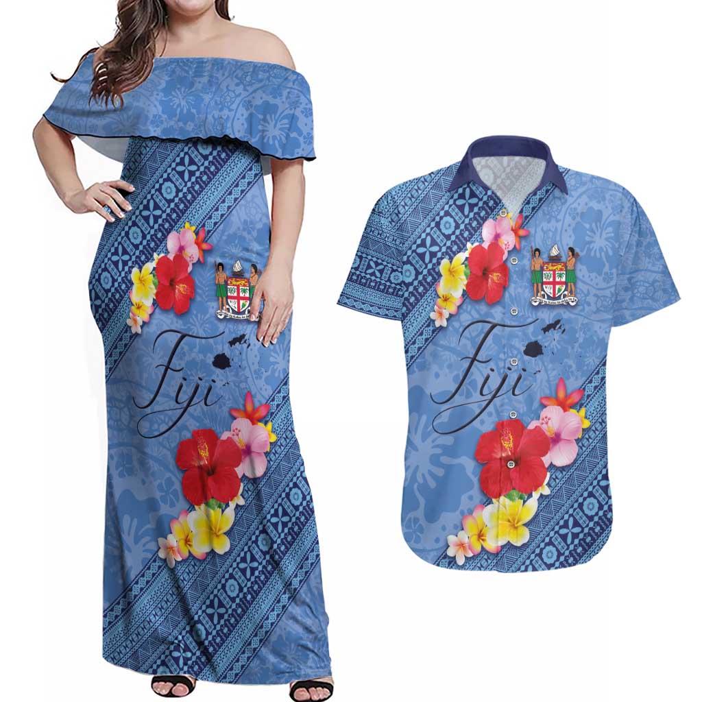 Bula Fiji Hibiscus and Plumeria Flowers Couples Matching Off Shoulder Maxi Dress and Hawaiian Shirt Tapa Tattoo Polynesian Pattern