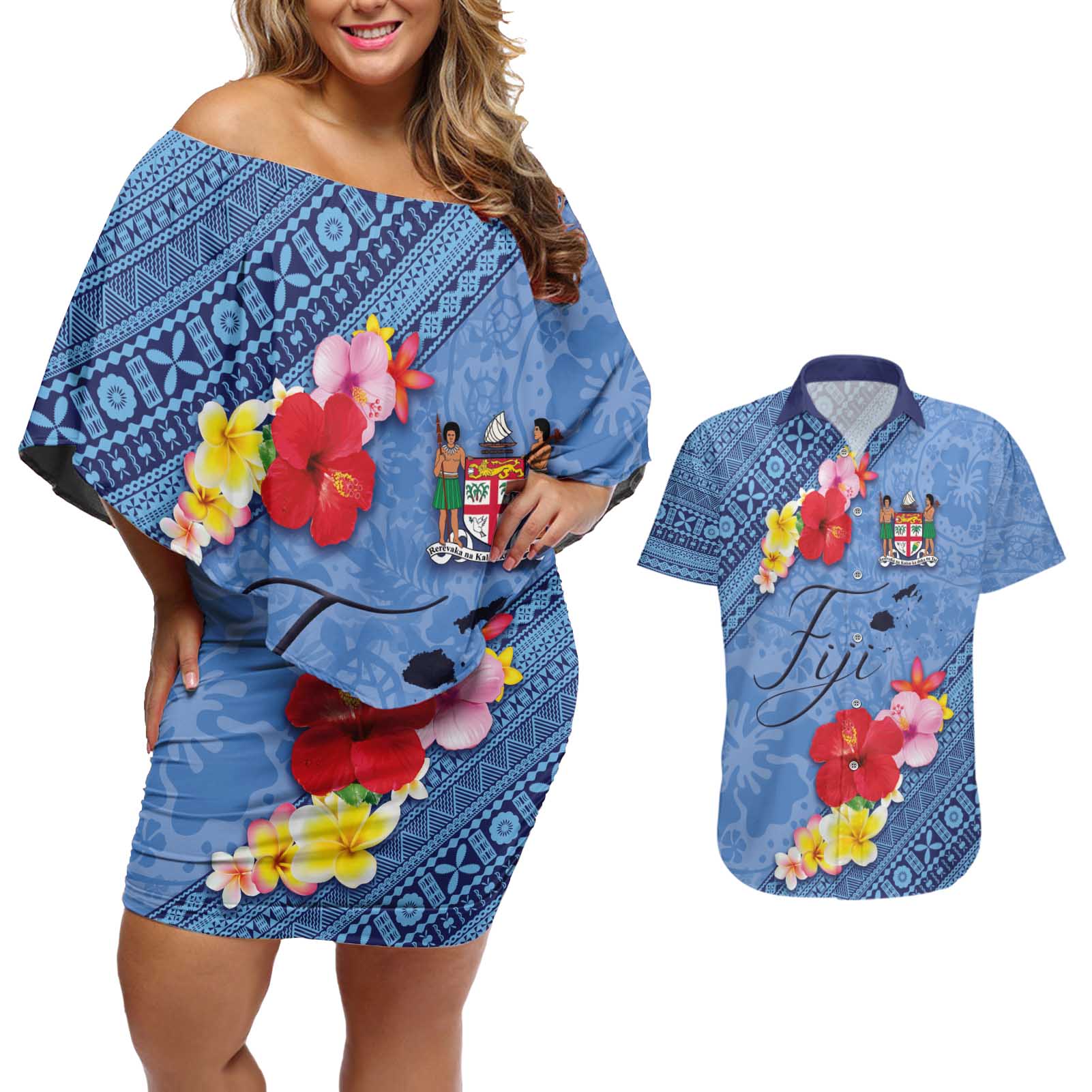 Bula Fiji Hibiscus and Plumeria Flowers Couples Matching Off Shoulder Short Dress and Hawaiian Shirt Tapa Tattoo Polynesian Pattern