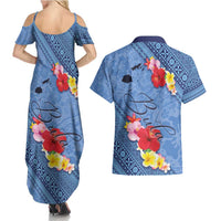 Bula Fiji Hibiscus and Plumeria Flowers Couples Matching Summer Maxi Dress and Hawaiian Shirt Tapa Tattoo Polynesian Pattern
