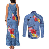 Bula Fiji Hibiscus and Plumeria Flowers Couples Matching Tank Maxi Dress and Long Sleeve Button Shirt Tapa Tattoo Polynesian Pattern