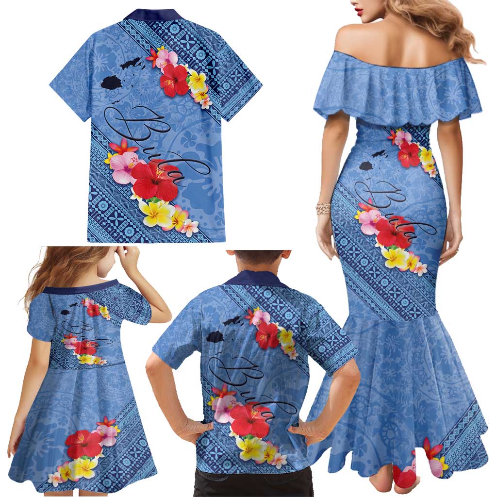 Bula Fiji Hibiscus and Plumeria Flowers Family Matching Mermaid Dress and Hawaiian Shirt Tapa Tattoo Polynesian Pattern