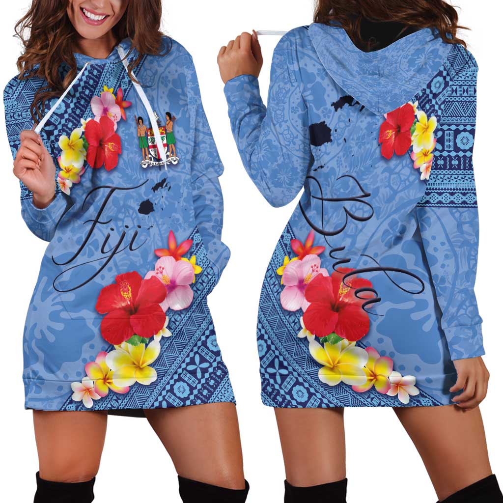 Bula Fiji Hibiscus and Plumeria Flowers Hoodie Dress Tapa Tattoo Polynesian Pattern LT03 - Polynesian Pride