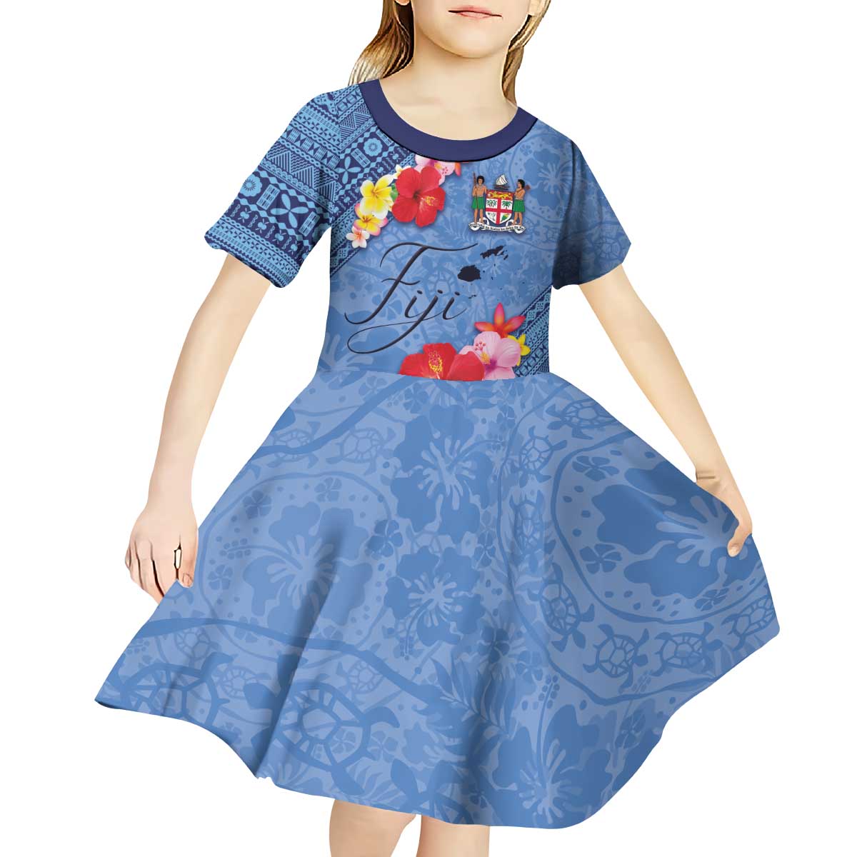 Bula Fiji Hibiscus and Plumeria Flowers Kid Short Sleeve Dress Tapa Tattoo Polynesian Pattern
