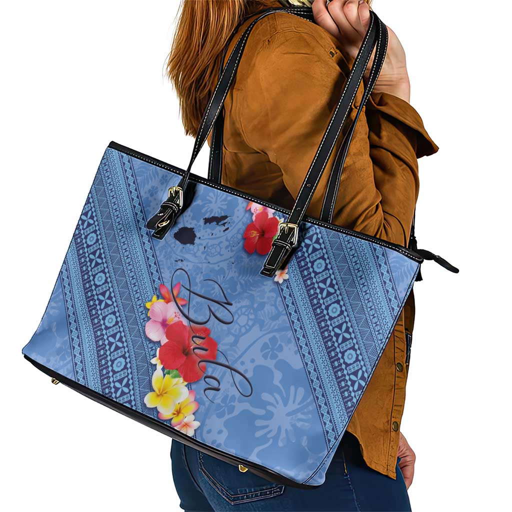 Bula Fiji Hibiscus and Plumeria Flowers Leather Tote Bag Tapa Tattoo Polynesian Pattern