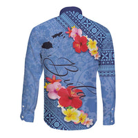 Bula Fiji Hibiscus and Plumeria Flowers Long Sleeve Button Shirt Tapa Tattoo Polynesian Pattern