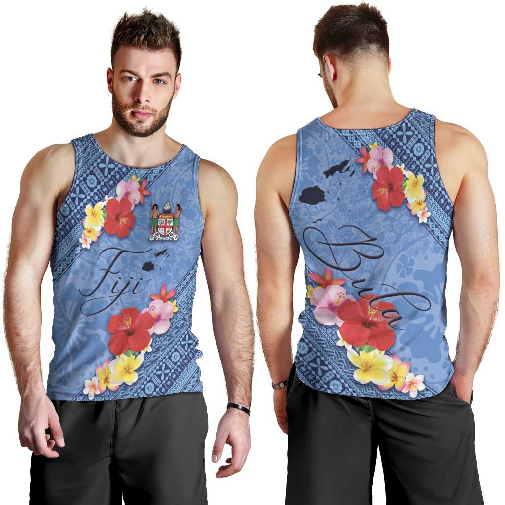 Bula Fiji Hibiscus and Plumeria Flowers Men Tank Top Tapa Tattoo Polynesian Pattern