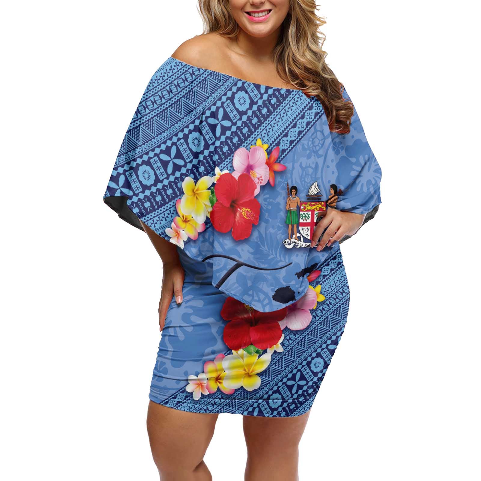 Bula Fiji Hibiscus and Plumeria Flowers Off Shoulder Short Dress Tapa Tattoo Polynesian Pattern