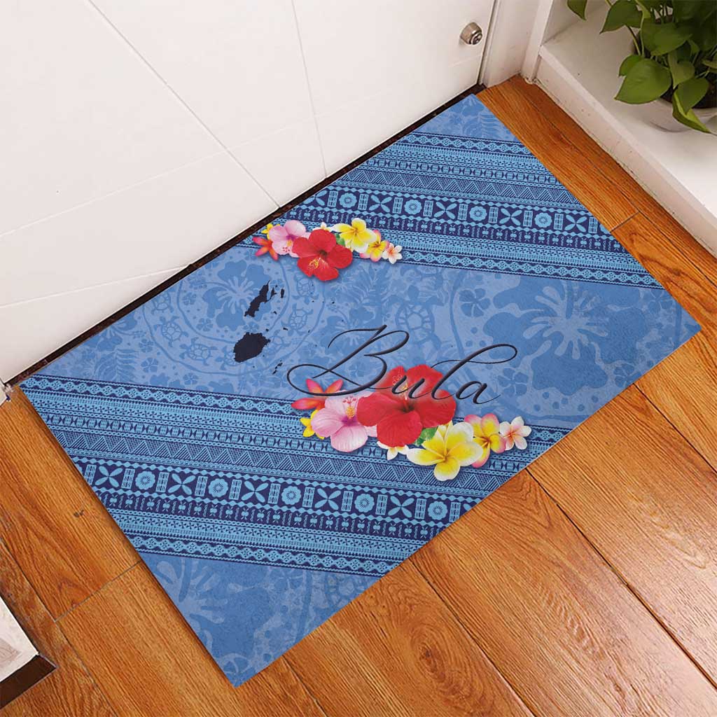 Bula Fiji Hibiscus and Plumeria Flowers Rubber Doormat Tapa Tattoo Polynesian Pattern