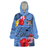 Bula Fiji Hibiscus and Plumeria Flowers Wearable Blanket Hoodie Tapa Tattoo Polynesian Pattern LT03 One Size Blue - Polynesian Pride