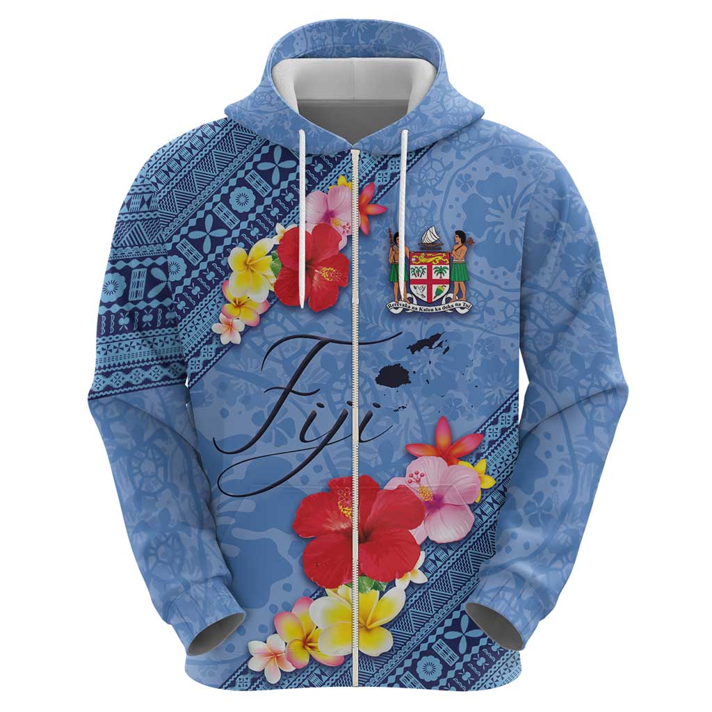 Bula Fiji Hibiscus and Plumeria Flowers Zip Hoodie Tapa Tattoo Polynesian Pattern LT03 - Polynesian Pride