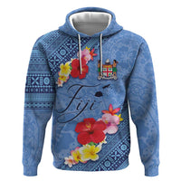 Bula Fiji Hibiscus and Plumeria Flowers Zip Hoodie Tapa Tattoo Polynesian Pattern LT03 Pullover Hoodie Blue - Polynesian Pride
