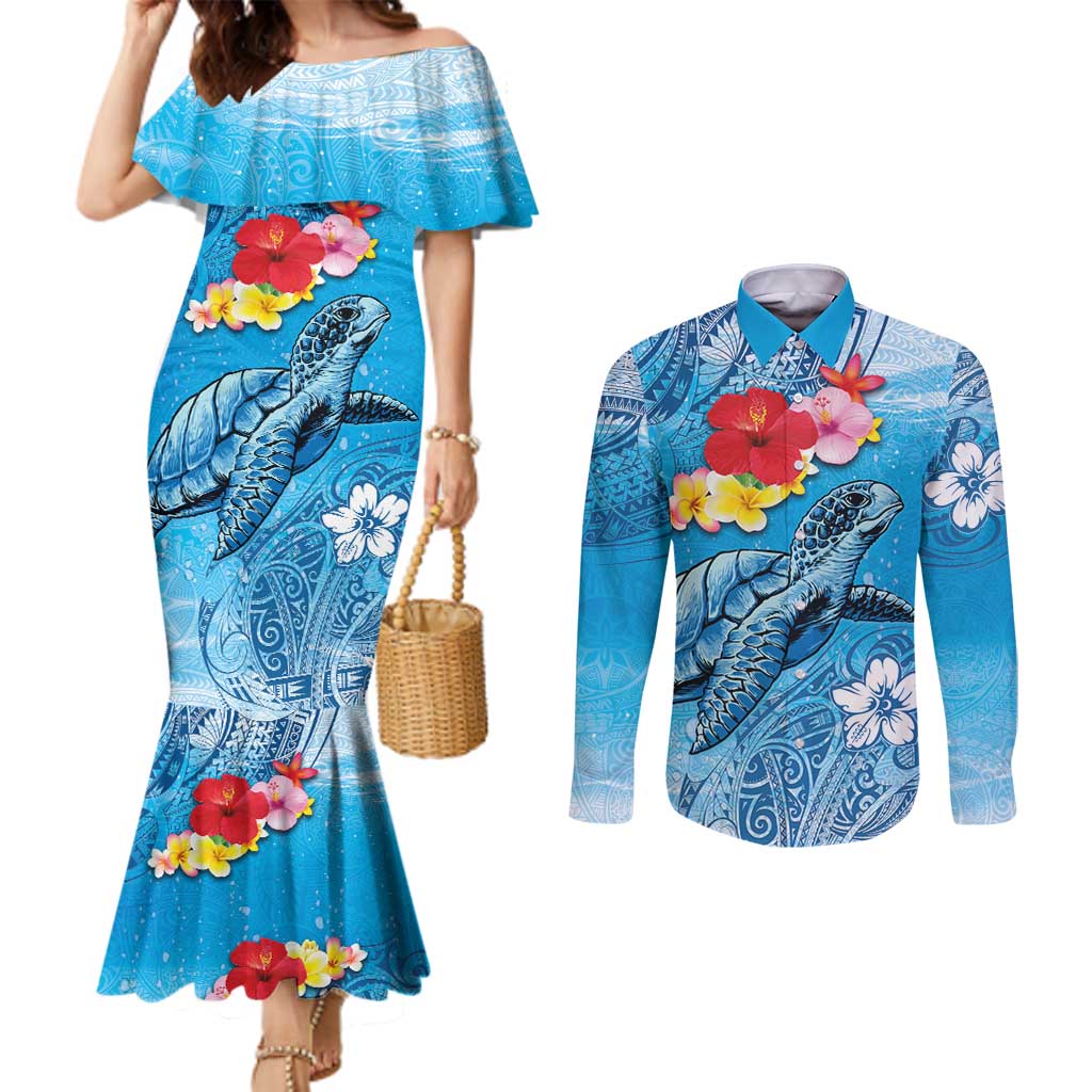 Hawaii Sea Turtle and Tropical Flowers Couples Matching Mermaid Dress and Long Sleeve Button Shirt Polynesian Tattoo Undersea Vibe