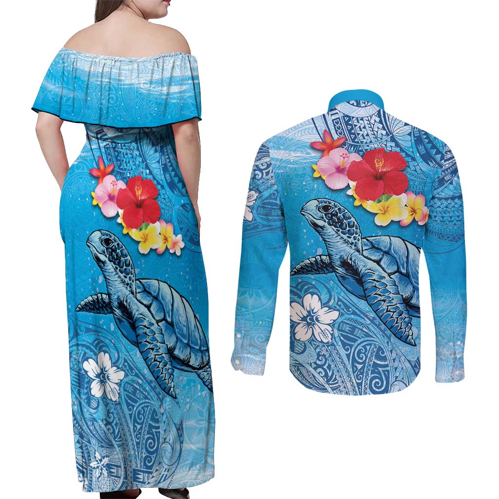 Hawaii Sea Turtle and Tropical Flowers Couples Matching Off Shoulder Maxi Dress and Long Sleeve Button Shirt Polynesian Tattoo Undersea Vibe