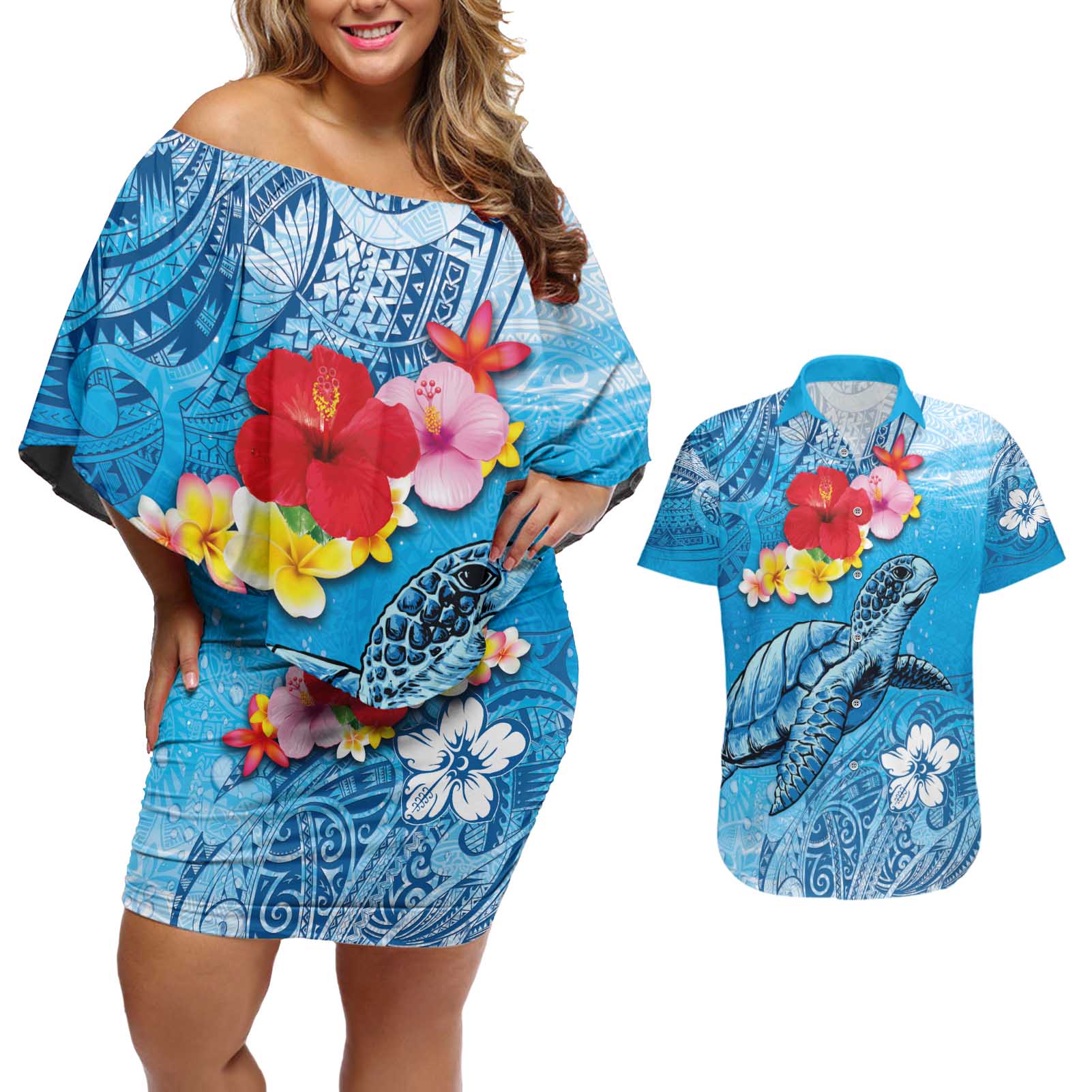 Hawaii Sea Turtle and Tropical Flowers Couples Matching Off Shoulder Short Dress and Hawaiian Shirt Polynesian Tattoo Undersea Vibe