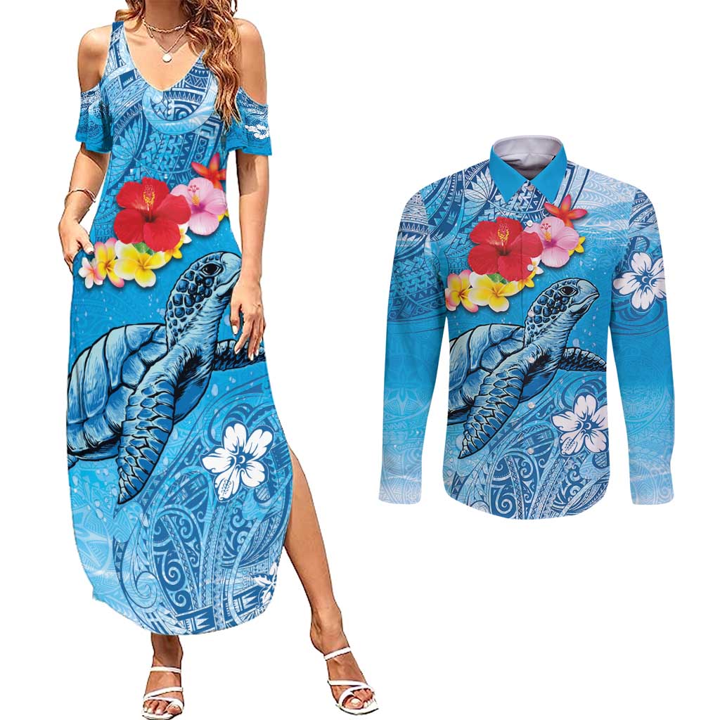 Hawaii Sea Turtle and Tropical Flowers Couples Matching Summer Maxi Dress and Long Sleeve Button Shirt Polynesian Tattoo Undersea Vibe