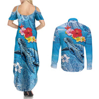 Hawaii Sea Turtle and Tropical Flowers Couples Matching Summer Maxi Dress and Long Sleeve Button Shirt Polynesian Tattoo Undersea Vibe