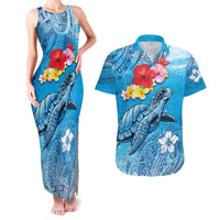Hawaii Sea Turtle and Tropical Flowers Couples Matching Tank Maxi Dress and Hawaiian Shirt Polynesian Tattoo Undersea Vibe