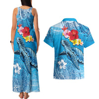 Hawaii Sea Turtle and Tropical Flowers Couples Matching Tank Maxi Dress and Hawaiian Shirt Polynesian Tattoo Undersea Vibe