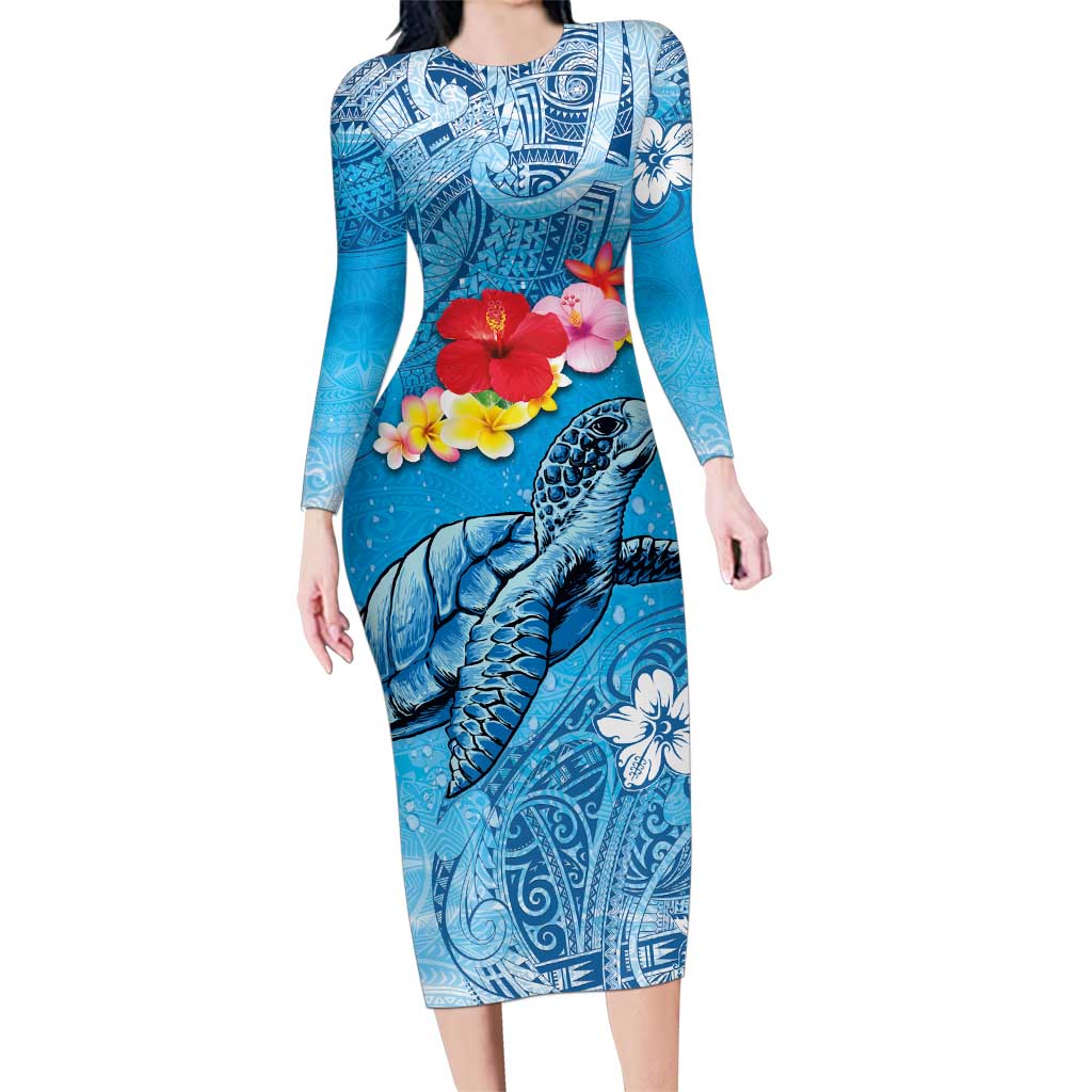 Hawaii Sea Turtle and Tropical Flowers Family Matching Long Sleeve Bodycon Dress and Hawaiian Shirt Polynesian Tattoo Undersea Vibe