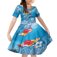 Hawaii Sea Turtle and Tropical Flowers Family Matching Off The Shoulder Long Sleeve Dress and Hawaiian Shirt Polynesian Tattoo Undersea Vibe