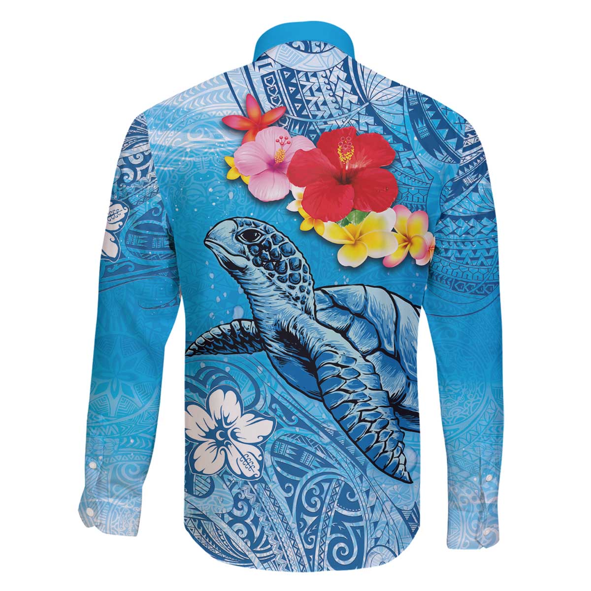 Hawaii Sea Turtle and Tropical Flowers Family Matching Off The Shoulder Long Sleeve Dress and Hawaiian Shirt Polynesian Tattoo Undersea Vibe